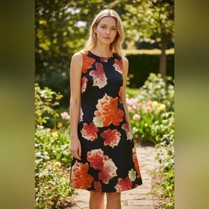 Calvin Klein Black Dress with Red and Green Floral Pattern. Size 6P.